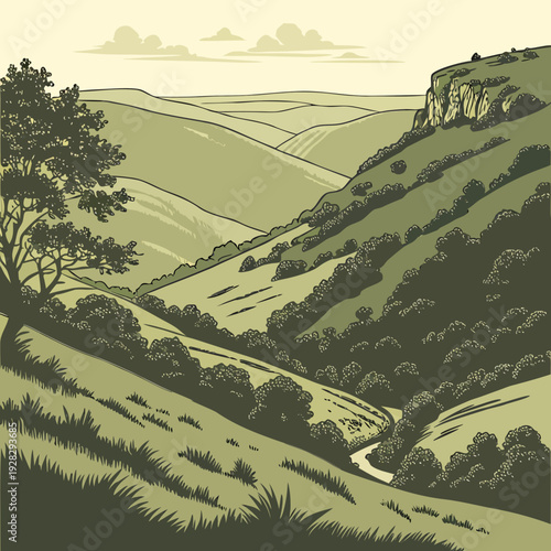 Green hillside landscape with trees and stream rolling hills