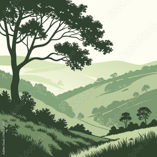 Green hillside landscape with large tree grass nature