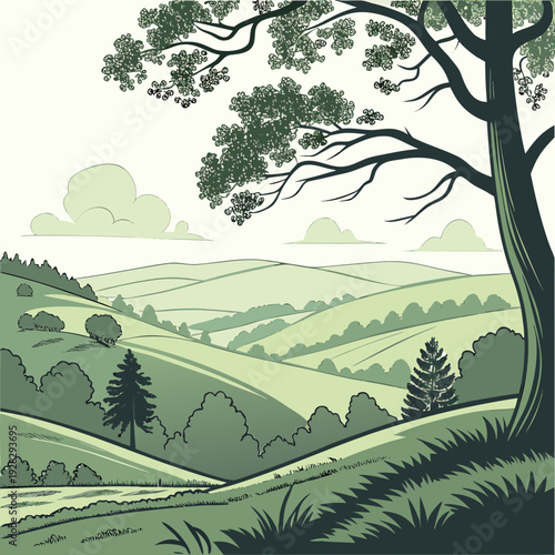 Green hillside landscape with tree and rolling hills