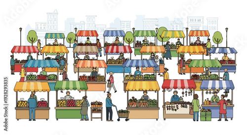 Flat illustration of a vibrant city market with people shopping and selling goods under colorful awnings against a clean white background.