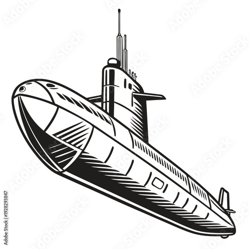 Black and white submarine with conning tower and periscope 1