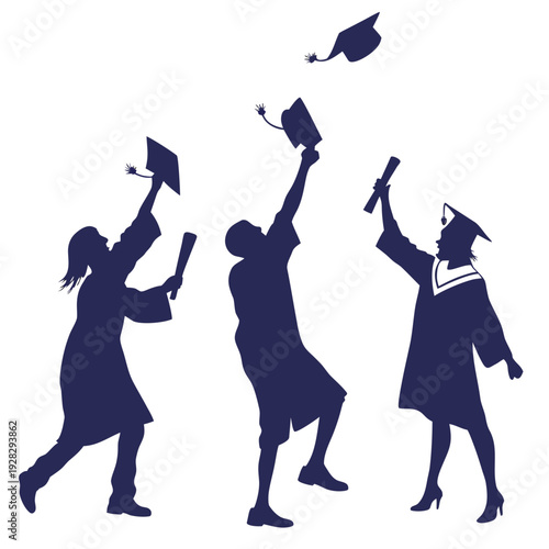 Navy blue silhouette of three students tossing graduation caps and diplomas
