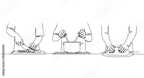 A continuous line drawing illustration of hands engaged in cooking activities, including chopping, stirring, and serving, presented in a horizontal pattern.