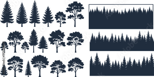 Silhouettes of trees and forest landscapes, showcasing diverse canopy shapes, coniferous and deciduous vari