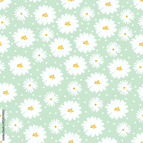 Seamless vector floral pattern with cute white flowers and asters on a soft mint green background. Minimalistic illustration for spring/summer textiles, children's clothing, gift wrapping, 