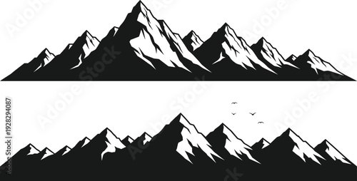 Vector Collection of Black Mountain Range Silhouettes with Snow Peaks and Flying Birds Isolated on White Background for Outdoor Adventure and Nature Design