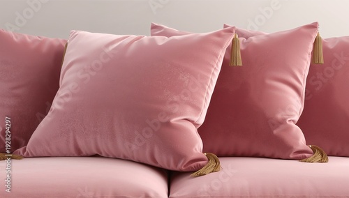 Elegant pink pillows on a couch. The pillows add a touch of color and luxury to the cozy sofa setting. The tassels hanging from the corner offer an extra accent to the decoration.