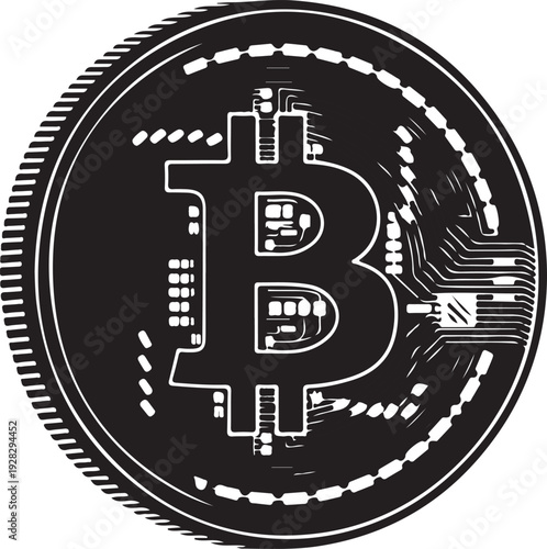 Bitcoin cryptocurrency coin with circuit board design and digital currency symbol