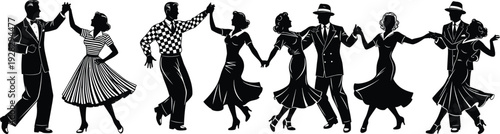 "Vintage silhouette illustration of couples dancing in 1950s retro attire, showcasing elegant movement, social dance culture, flared skirts, and nostalgic mid-century fashion charm"