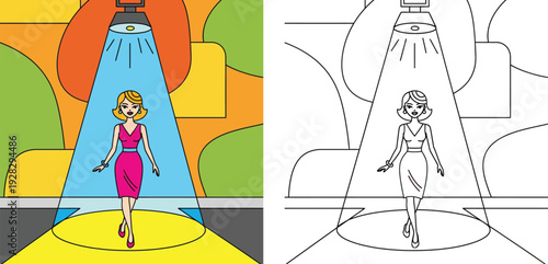 Open wooden wardrobe full of clothes and shoes. Vector cartoon illustration showing colored version and black and white outline for coloring book page.