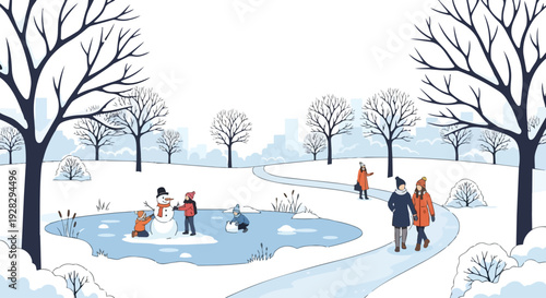 A snowy city park scene with people ice skating and walking on a path, illustrated in a flat 2D vector style with bare trees and a serene winter landscape.