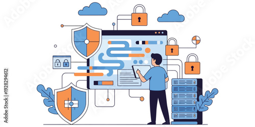 Vector illustration of a person working in cybersecurity for business banner needs