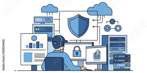 Vector illustration of a person working in cybersecurity for business banner needs