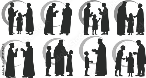 Collection of diverse silhouettes depicting religious figures interacting with children under crescent moon motifs