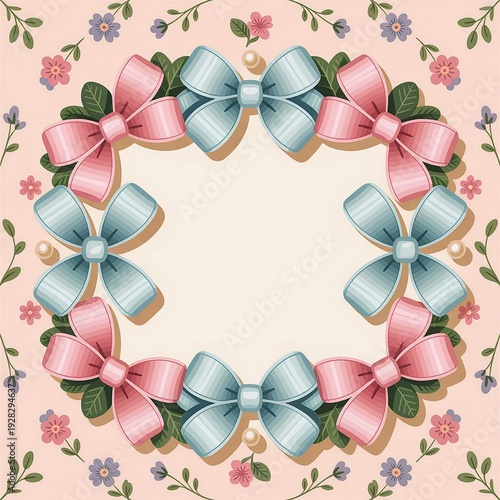 
Pastel Pink & Mint Bow Wreath with Pearls and Scalloped Lace Border on Soft Background – Cute Girly Pattern for Baby Shower, Birthday, Wedding & Feminine Designs  
