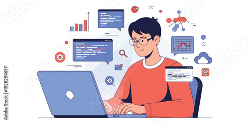 Vector illustration of a person working in cybersecurity for business banner needs