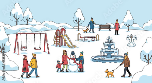 Flat 2D illustration of people enjoying a snowy city park with swings, a fountain, and trees in a vector style