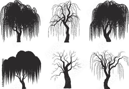 Collection of six distinct silhouette of weeping willow trees showcasing varied branch structures and foliage density against a clean white background