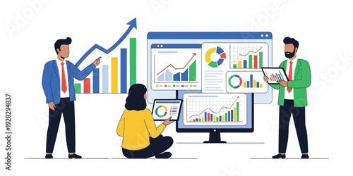 Vector illustration of a group of people working on a business project with a rising data graph. For business banner needs.
