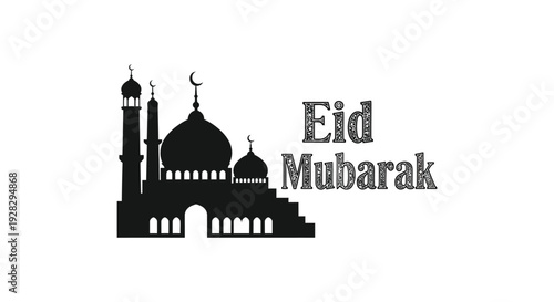 A striking eid mubarak greeting featuring a mosque skyline in a bold black silhouette high quality professional detailed