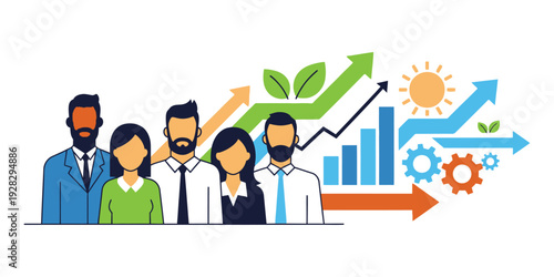 Vector illustration of a group of people working on a business project with a rising data graph. For business banner needs.