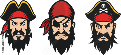 Pirate Mascot Logo Vector – Fierce Pirate Head Illustration with Bandana and Eye Patch .