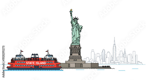 Flat 2D illustration of the Statue of Liberty with a ferry boat and New York City skyline in the background, a famous travel landmark.