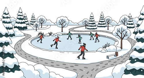Flat 2D illustration of people ice skating on a snowy city park pond surrounded by trees and a winding path.
