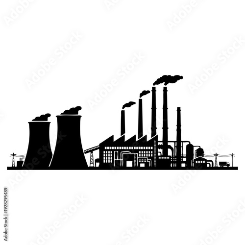 A detailed illustration of a large industrial factory with multiple smokestacks and machinery.