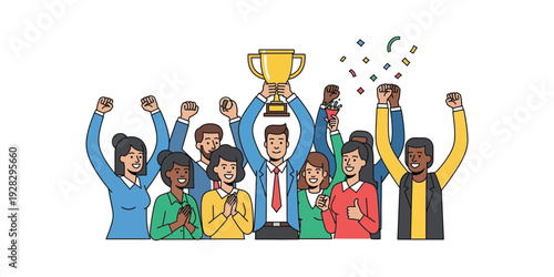 Vector illustration of a group of people celebrating a team's success. For business banner needs.