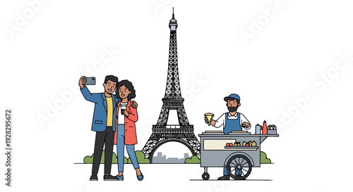 Flat 2D vector illustration of a young couple taking a selfie with a food cart vendor in front of the Eiffel Tower, a famous travel landmark in Paris.