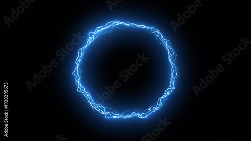 Blue, electrical, circular, lightning bolts frame, energy portal light effect. Lightning overlay anime style isolated on black background.
