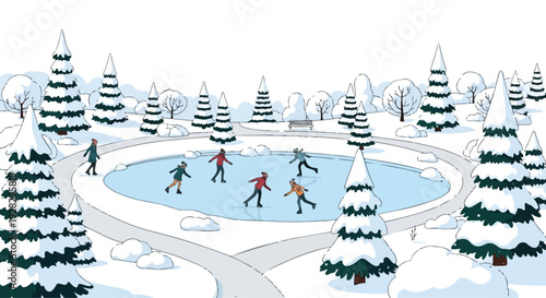 A vibrant winter scene featuring people ice skating on a frozen pond surrounded by snow-covered pine trees and a serene snowy city park landscape in a flat 2D vector illustration.
