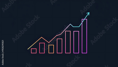 A colorful vector graphic illustration of a growing bar chart with an upward trend arrow