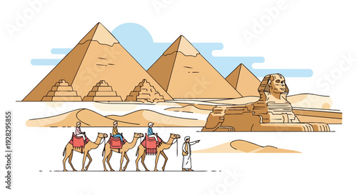 Flat 2D illustration of a travel scene featuring camels, a touristic guide, the Sphinx, and pyramids against a desert landscape with a blue sky.