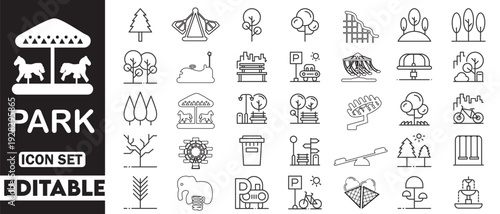 Park icon set. featuring nature, recreation, camping, hiking, playground, picnic, landscape, forest, relaxation and more icons. vector collection.