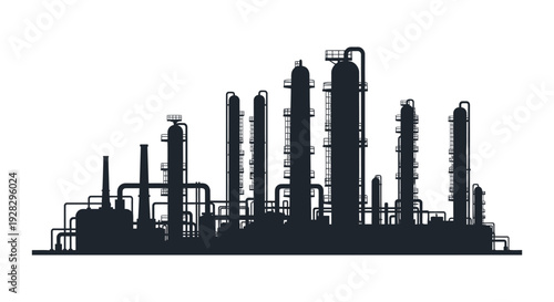 A stark black silhouette depicts an industrial refinery complex with numerous towers and pipes silhouette high quality professional
