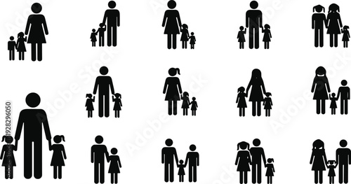 Family icon silhouettes set, parents and children pictogram symbols isolated black vector illustration for social concept