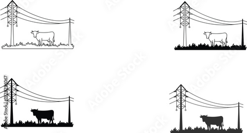 Four variations of a cow standing near power lines and pylons in a grassy field, presented in line and silhouette styles