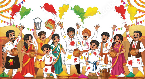 Vibrant group of people celebrating Holi festival with colorful powders and drums in a lively street scene