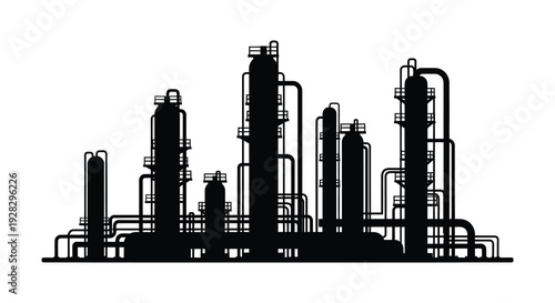 A stark black silhouette of an industrial oil refinery complex against a pure white background silhouette high quality