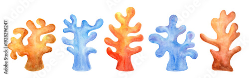 Colorful corals, watercolor illustration. Underwater world.
