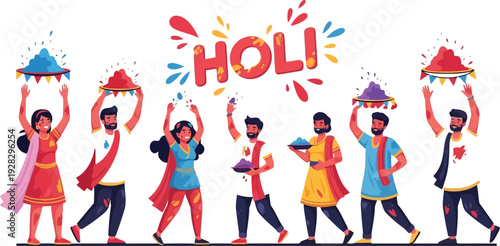 Vibrant celebration of Holi festival with people throwing colorful powders and waters