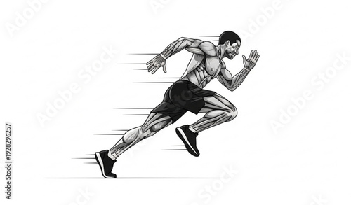 Young Athletic Male Runner Vector Illustration Sprinting in Action Monochrome on White Background