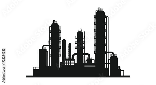 A stark black silhouette depicts an industrial complex with multiple towers and connected pipes silhouette high quality professional
