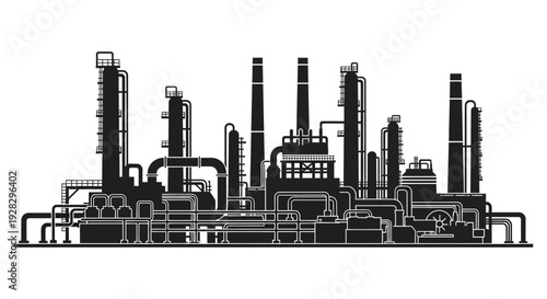 A detailed black and white cityscape of an industrial complex featuring numerous towers and pipes silhouette high quality