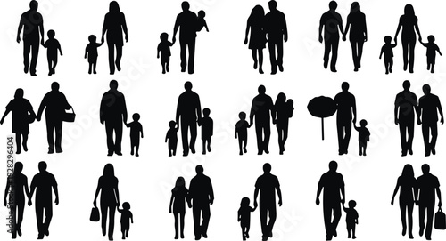 Family silhouettes collection, parents and children walking standing together, black family figures isolated on white background vector illustration