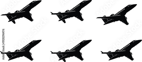 Black airplanes flying on white background silhouettes