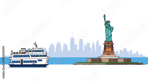 Flat 2D illustration of a ferry boat sailing past the Statue of Liberty with a stylized New York City skyline in the background, showcasing famous travel landmarks.