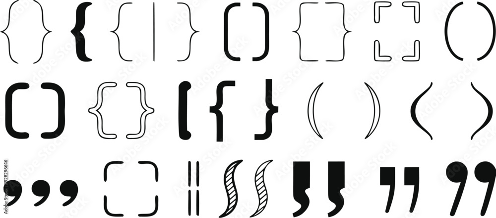 Obraz premium Black Silhouette of Curly Braces Parentheses Angle Quotation Marks Isolated on White 